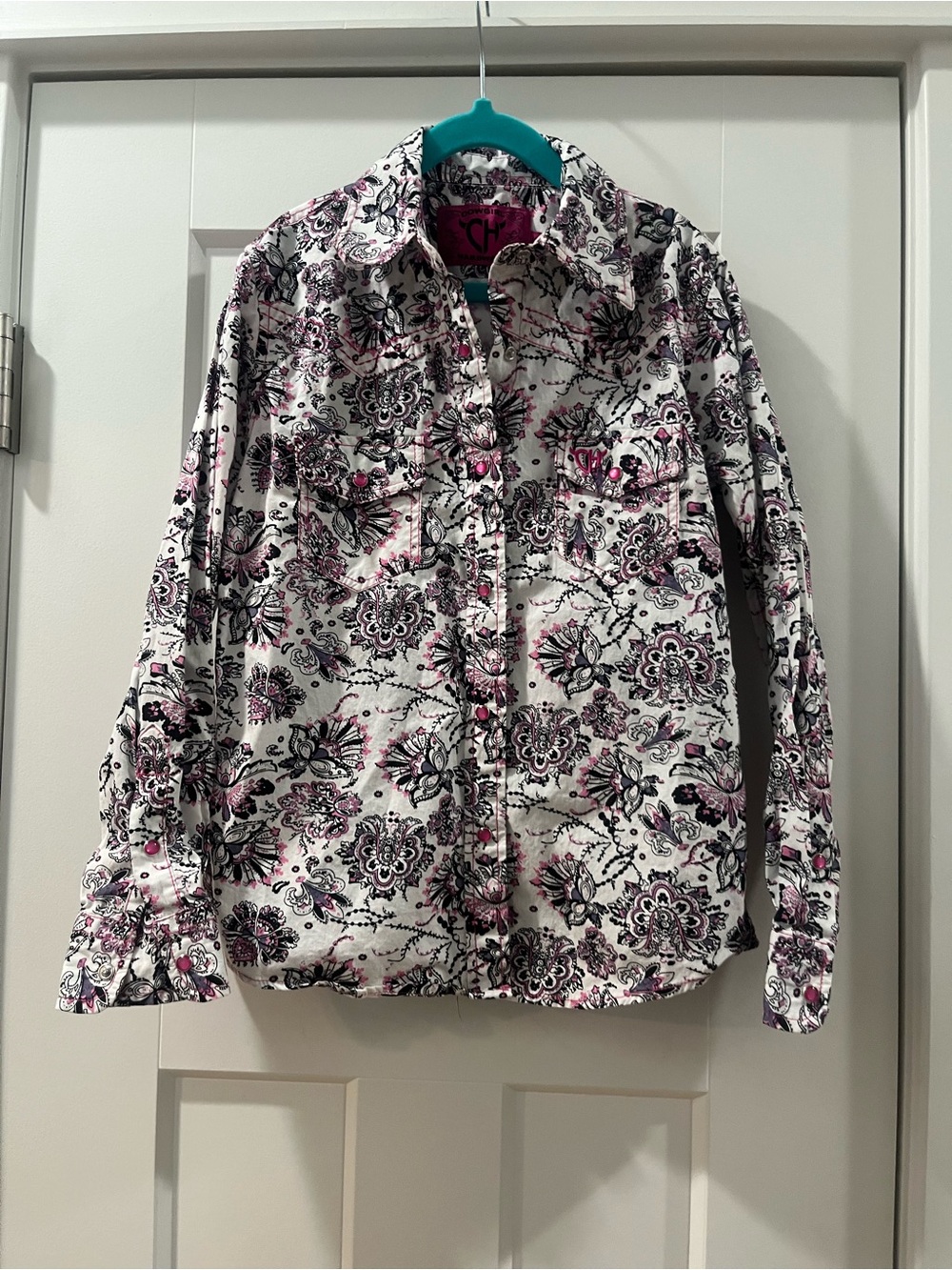Girls Western Cowboy Hardware Medium Floral Button-Up Shirt White, Black & Pink